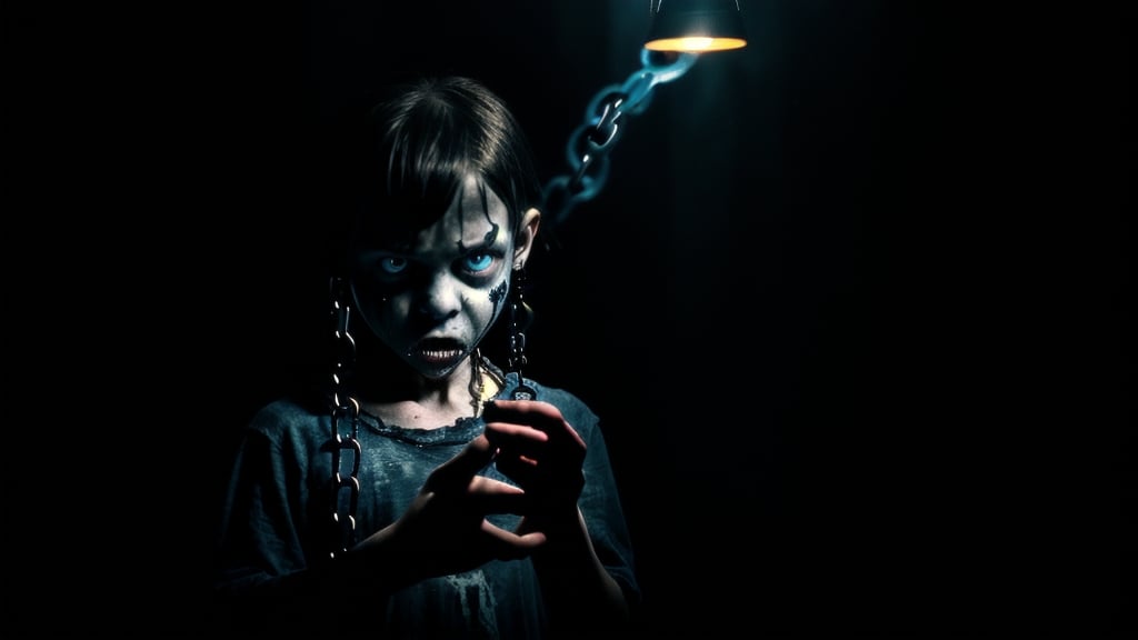 Prompt: Scary child with intense facial expression, chains tightening around hand from smartphone, dark blue lighting, slight smoke on the floor, 4k quality, smartphone-induced horror style, dark tones, intense gaze, chains emerging from smartphone, gripping and tense, spooky atmosphere, dramatic lighting