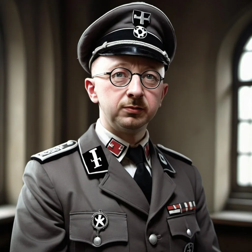 Prompt: Create a funny image with Heinrich Himmler wearing Harry Potter clothes with nazi insignia. Call it Heinrich Potter