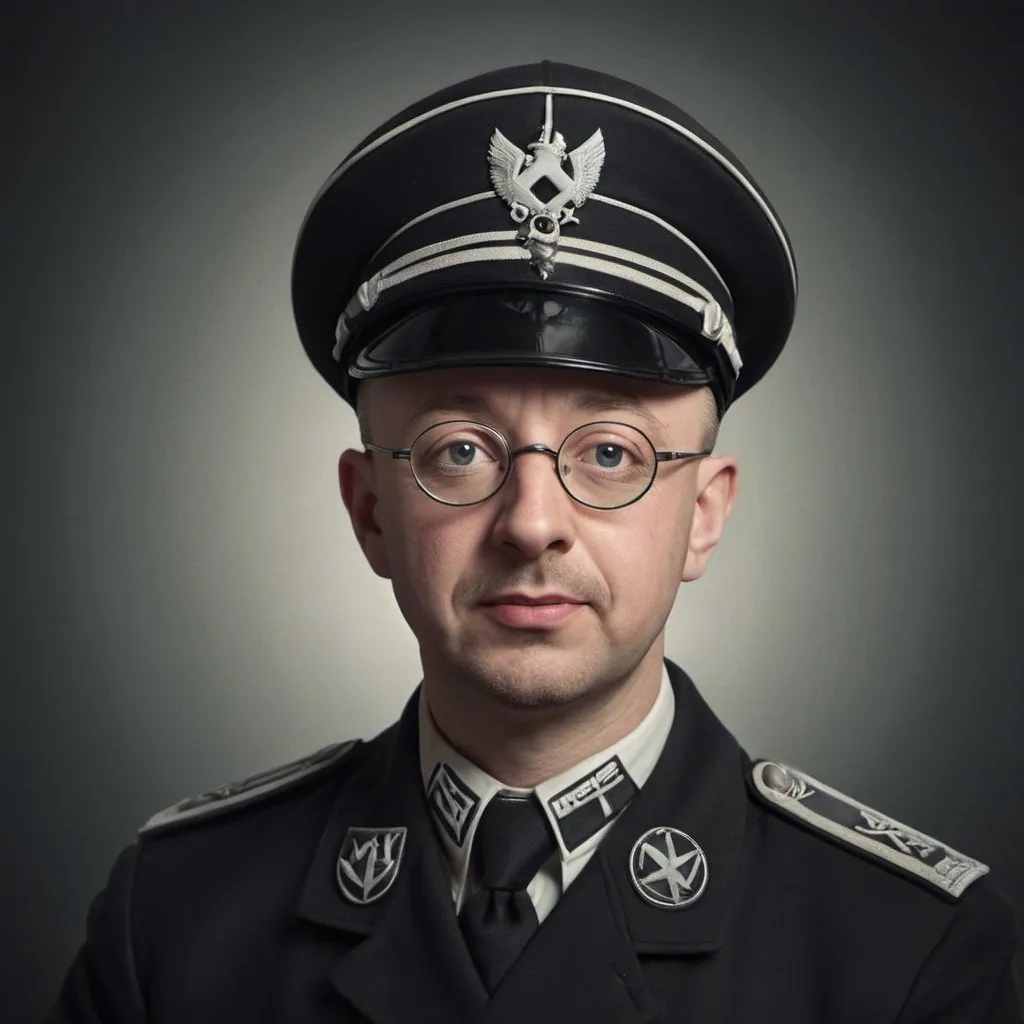 Prompt: Create a funny image with Heinrich Himmler wearing Harry Potter clothes with nazi insignia. Call it Heinrich Potter
