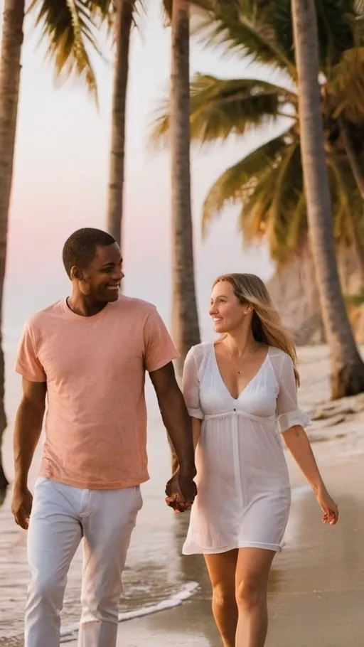 Prompt: A couple holding hands walking on the beach at sunset.