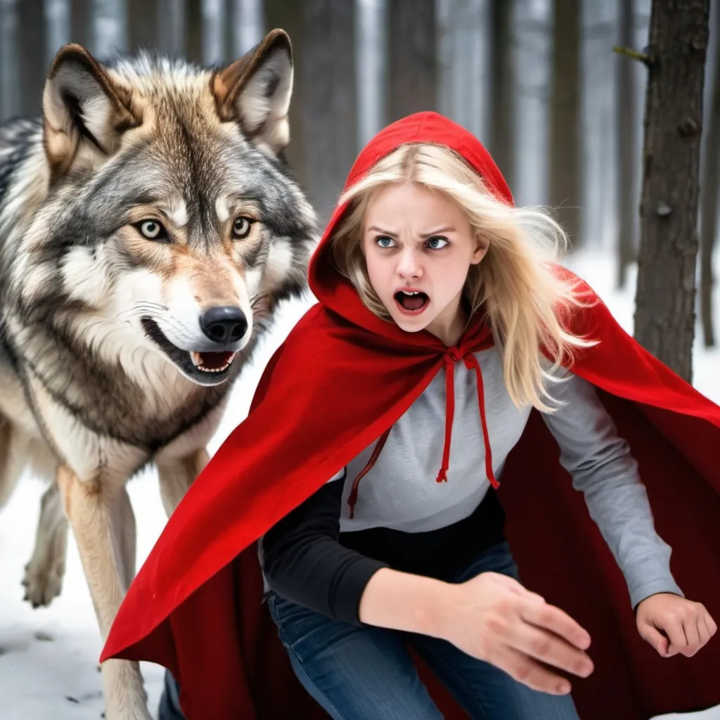 Prompt: a big grey wolf attacking a young blonde girl wearing a red cape with a hood