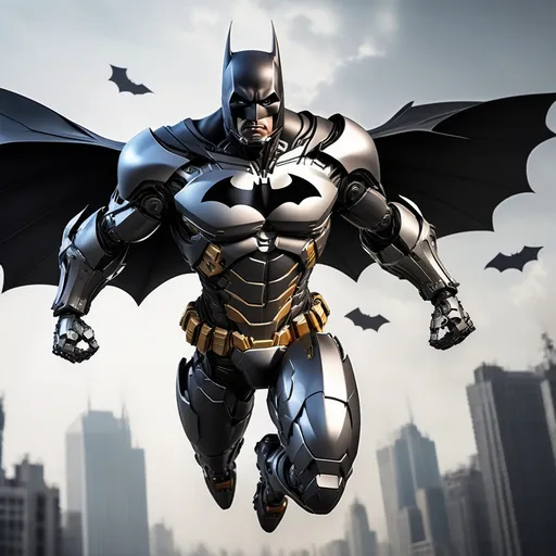 Prompt: Give me a realistic batman flying in pursuit with metal wings and mecha suit, kind of like Ironman