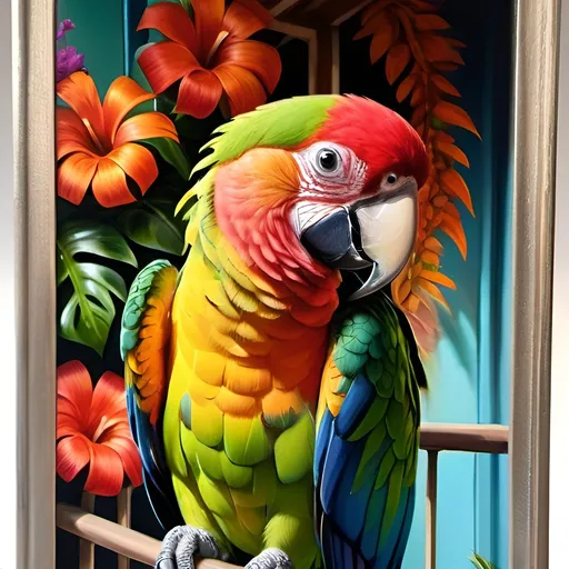 Prompt: Parrot in a cage on a vibrant balcony, surrounded by lush flower garden, high quality, detailed oil painting, tropical vibe, vibrant colors, intricate metal cage, detailed feathers, realistic foliage, tropical, lush garden, vibrant balcony, oil painting, detailed parrot, colorful feathers, intricate details, high quality, tropical colors, realistic lighting