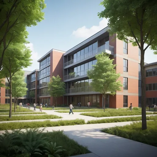Prompt: Generate a realistic architectural rendering of a modern, three-story university dormitory building. The building should have a central courtyard with lush greenery and seating areas. The facade should feature sleek, contemporary design elements with a combination of glass, concrete, and metal. Large windows should allow ample natural light into the interior spaces. The surrounding environment should depict a vibrant campus setting with trees, walkways, and other buildings in the background. The scene should evoke a sense of tranquility and community.