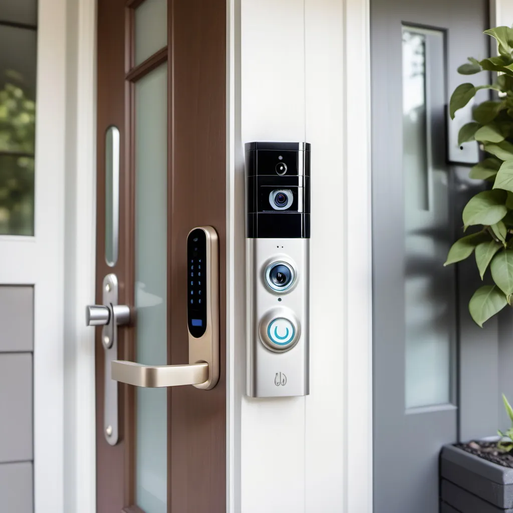 Prompt: A modern suburban front door with a sleek smart door lock and a video doorbell installed, a smartphone in the foreground displaying a live video feed of the doorstep, bright daytime lighting, realistic photography, shot from eye level. Show a mobile at the bottom of the screen connecting them