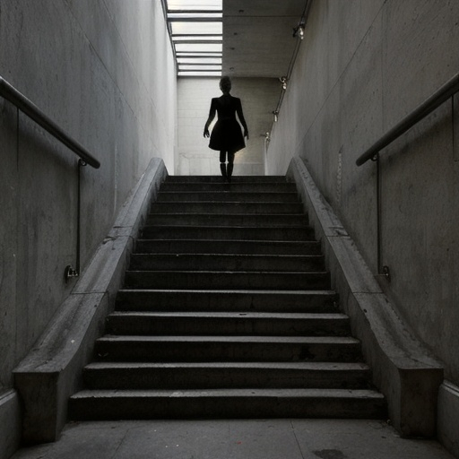 Prompt: transgressive art, stairs like in drangon's ball in the sky, walking woman