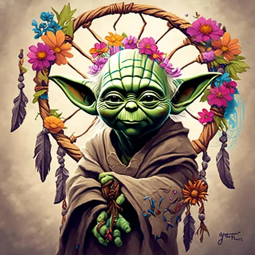 Prompt: <mymodel>Yoda master dream catcher flowers