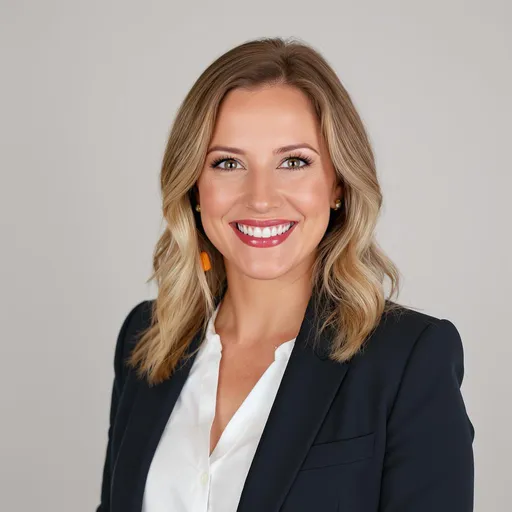 Prompt: "A smiling female real estate agent, wearing a professional outfit, looking directly at the camera with a friendly and approachable expression. She is a woman in her 30s with a warm and inviting face, and the background is a neutral color such as light gray or beige. She is energetic and geourgueos"