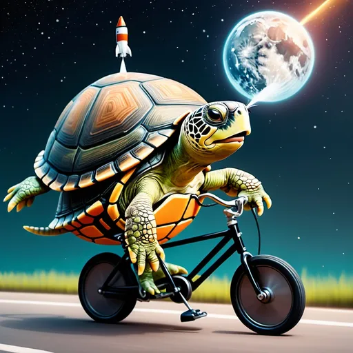 Prompt: A turtle eating a rocket ship while riding a bycicle