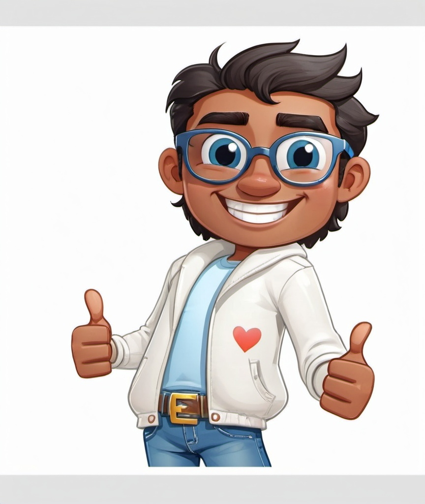 Prompt: a cartoon character with a white jacket and blue jeans giving a thumbs up sign with his hand and smiling, Ella Guru, verdadism, jayison devadas, a stock photo