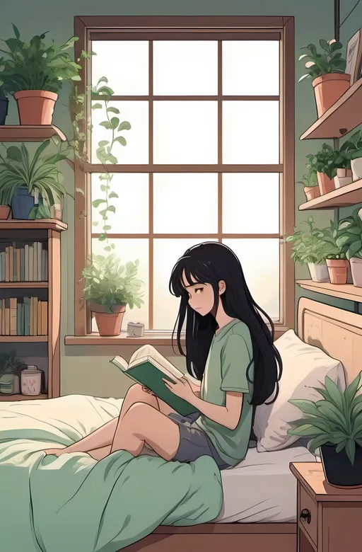 Prompt: A fl whimsical, thin line art, flat color illustration, ((high quality)), ((big window glass)), midnight, A young girl with long black hair sits on a bed in a cozy bedroom, holding a book. The room is filled with various green plants and has a warm, inviting atmosphere. A can of soda and a stack of books rest on a small round table in front of him. The walls are decorated with framed pictures and shelves with small plants and other decorations. The scene is illustrated in an anime style with soft, pastel colors."