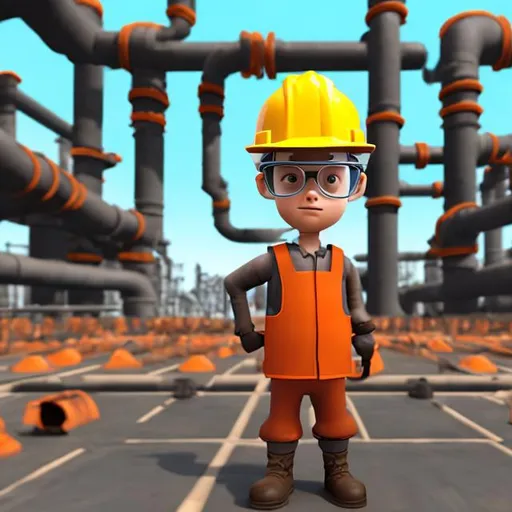 Prompt: cartoon person standing in front of a many pipes wearing a hardhat and safety glasses