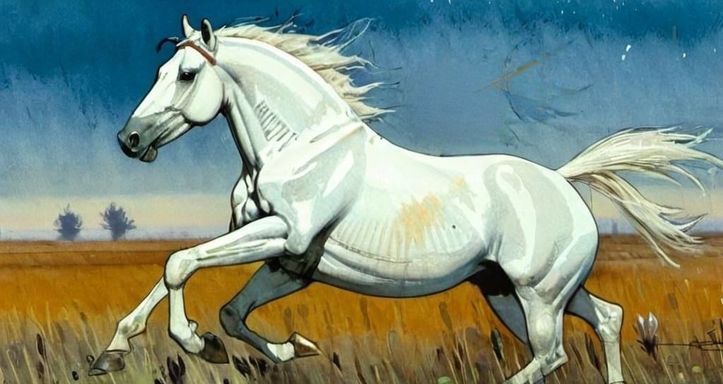 Prompt: A white horse galloping in a desert fied by Enki Bilal. 