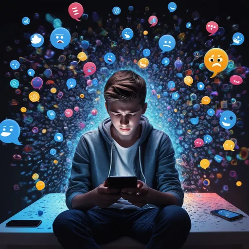 Prompt: 
🔥 Prompt for AI Image Generation

Title: The Overstimulated Mind: The Rise of Anxiety and Depression in the Smartphone Generation

Prompt 

"A dark, emotionally intense digital art of a young person sitting alone in a dim room, their face illuminated by a glowing smartphone. Around them, dozens of floating notification bubbles, social media icons, and emojis swirl like a storm—overwhelming and chaotic. The person looks emotionally drained, holding their head in their hands, symbolizing digital burnout. Behind them, glitch patterns and digital static blend into the walls, representing overstimulation. The color palette is cold—blues, grays, and purples—to evoke isolation, anxiety, and emotional numbness. The scene is surreal, symbolic, and powerful, perfect for a modern book cover on mental health in the digital age."

🎯 Keywords to Emphasize Emotion and Relevance:

Overstimulation

Mental health crisis

Technology addiction

Emotional exhaustion

Digital chaos

Social media pressure

Teen or young adult

Cold lighting / surreal art

