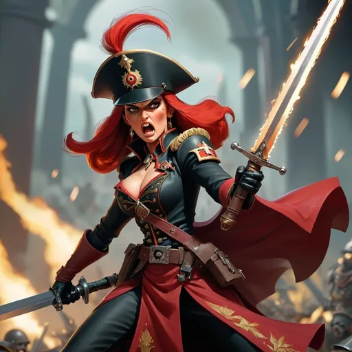 Prompt: Commanding a hoard of warriors WarHammer character Commissar Severina Raine flaring her sword with mighty power and strength