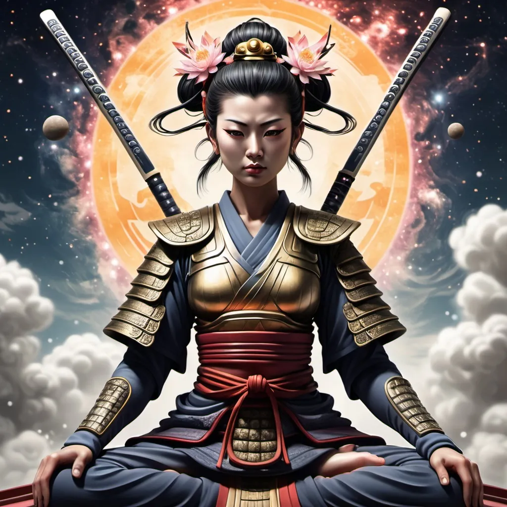 Prompt: a female buddha samurai with the universe being her source of existance. 
