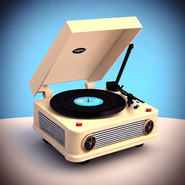 Prompt: retro vinyl turntable player on beach in a cartoon style
