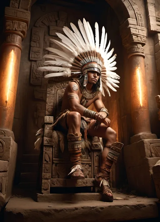 Prompt: Photorealistic, (cinematic portrait), Aztec warrior, seated on a throne, traditional headdress adorned with feathers, gripping a beautifully crafted weapon, intense expression, intricate armor details, warm earthy tones, dramatic lighting highlighting facial features, textured background depicting ancient ruins, (4K), ultra-detailed, evocative atmosphere reflecting strength and bravery.