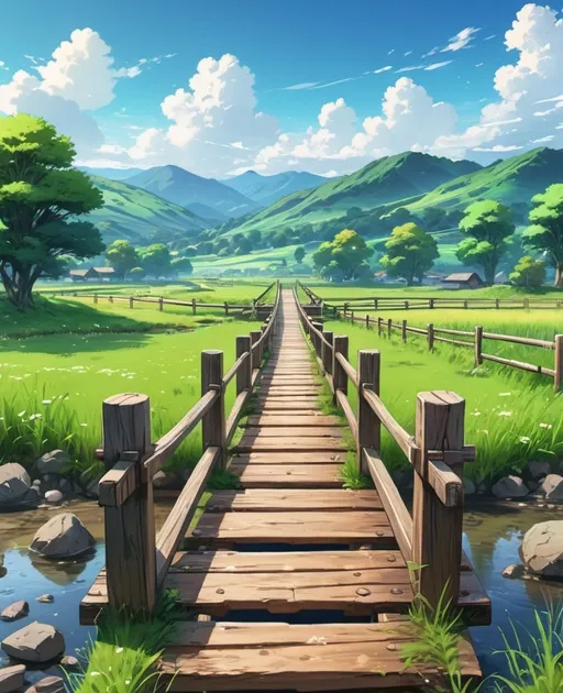 Prompt: painting of a wooden bridge over a stream in a grassy field, anime countryside landscape, detailed scenery —width 672, anime landscape wallpaper, scenery artwork, 4 k digital painting, 4k digital painting, anime background art, detailed painting 4 k, beautiful anime scenery, anime landscape, 4 k hd wallpaper illustration, digital painting highly detailed, anime nature wallpap