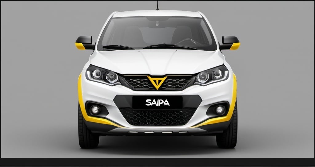Prompt: Front design of the Saipa Quick car inspired by the lion's face, with black and yellow or gold color.no background. a real car