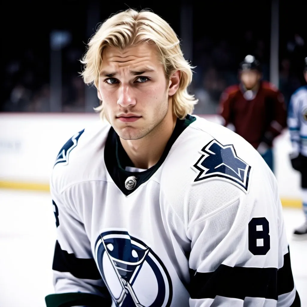 Prompt: 30, male, hockey player,  blonde, strong jaw, loyal, hidden grief, daring, protective, 6' tall, 
