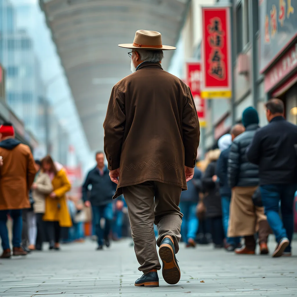 Prompt: Mongolian man of about 50 years old,
walking looking backward into crowd in an urban area. full body


