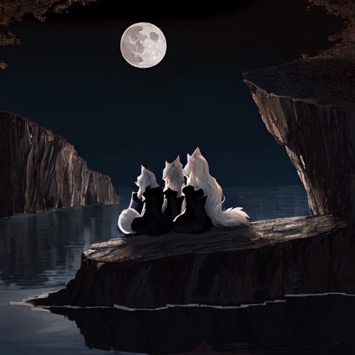 Prompt: black six tailed fox girl
 cub and mom under moon light on cliff over water howling at moon 