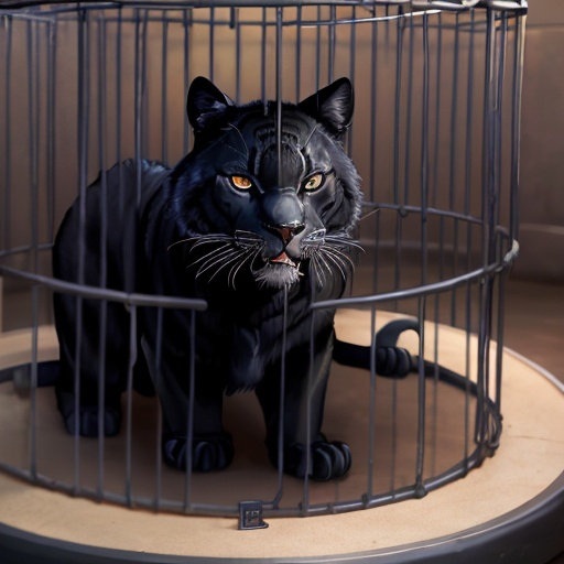 Prompt: black panther mad stuck in a cage at circes
