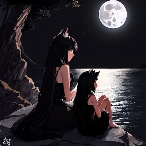 Prompt: black six tailed fox girl
 cub and mom under moon light on cliff over water howling at moon 