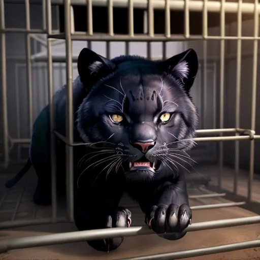 Prompt: black panther mad stuck in a cage