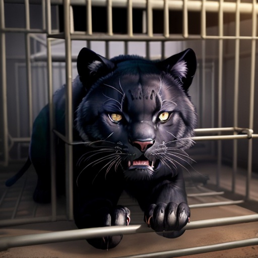 Prompt: black panther mad stuck in a cage