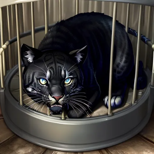 Prompt: black panther mad stuck in a cage