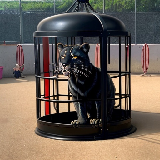 Prompt: black panther mad stuck in a cage with little girl at circus
