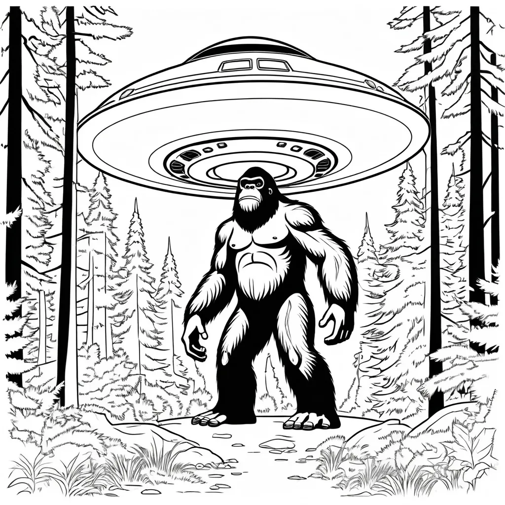 Prompt: B&W coloring book page, bigfoot under a UFO in the forest, line art, solid white background