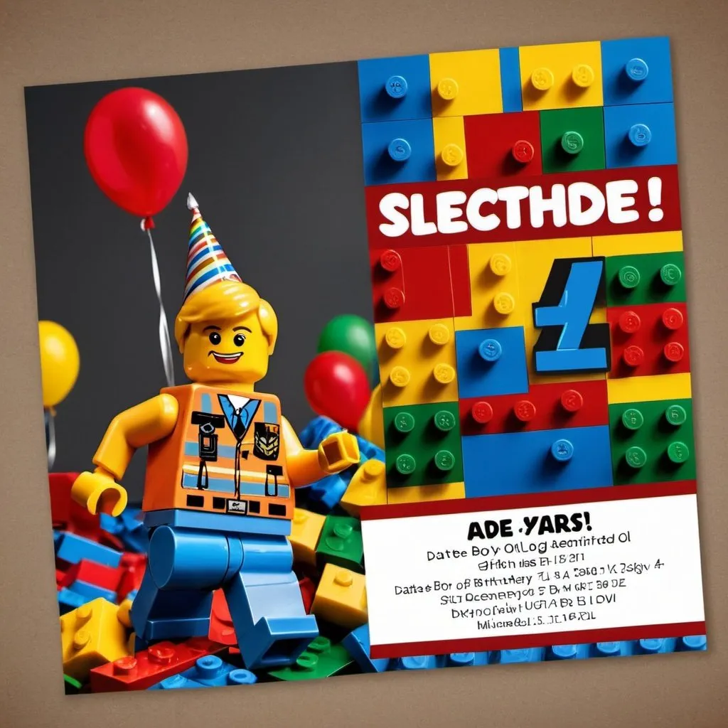 Prompt: A birthday invitation for a boy who loves lego and becomes 7 years old. Date of party 28th of december. start hour 14.00
