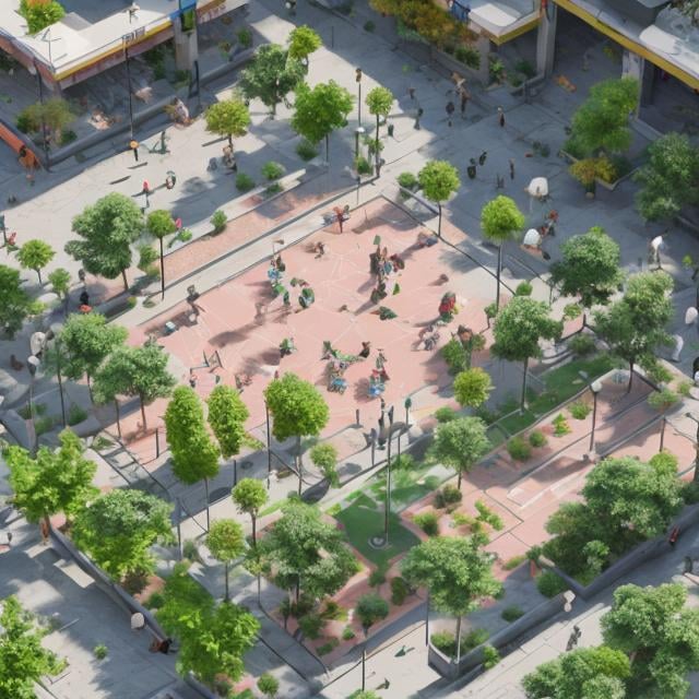 Prompt: axonometric view of a  plaza with vegetation and children playing arround
