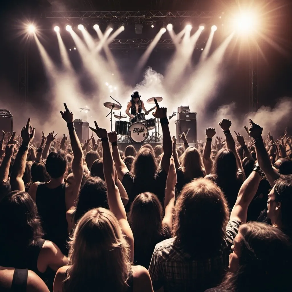 Prompt: Create an image of a hard rock concert with intense energy. Show band members playing powerful electric guitars and drums on a brightly lit stage, with dynamic stage lighting and smoke effects. Include elements that evoke bands like AC/DC and Aerosmith, with a packed, excited audience.
