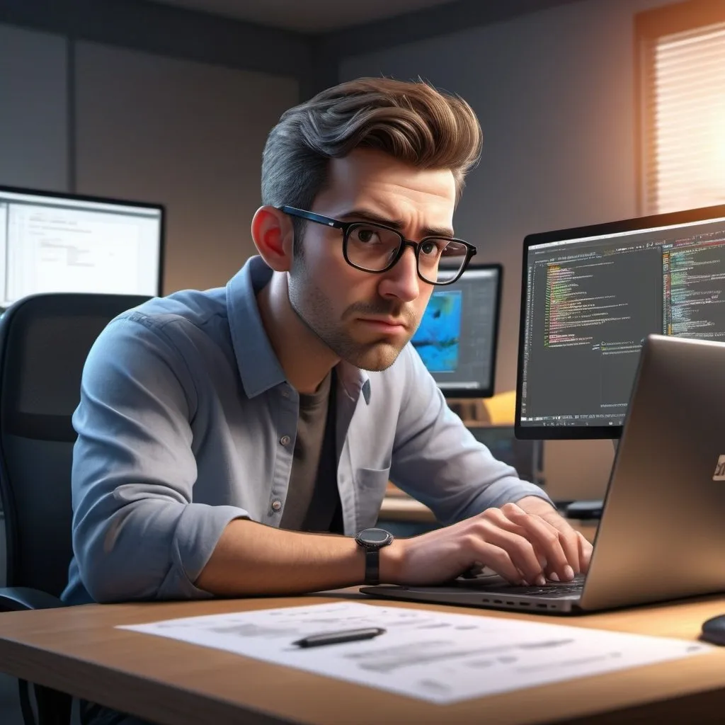 Prompt: cartoon programmer, sitting at a desk coding on a detailed laptop, focused expression, (realistic, photorealistic:2.5), ultra-detailed neat paperwork and workstation, vivid detailed studio lighting, (best quality, 8k), physically-based rendering, (vivid colors:1.2), extreme detail description, professional, sharp focus, HDR, UHD, concept art, portraits