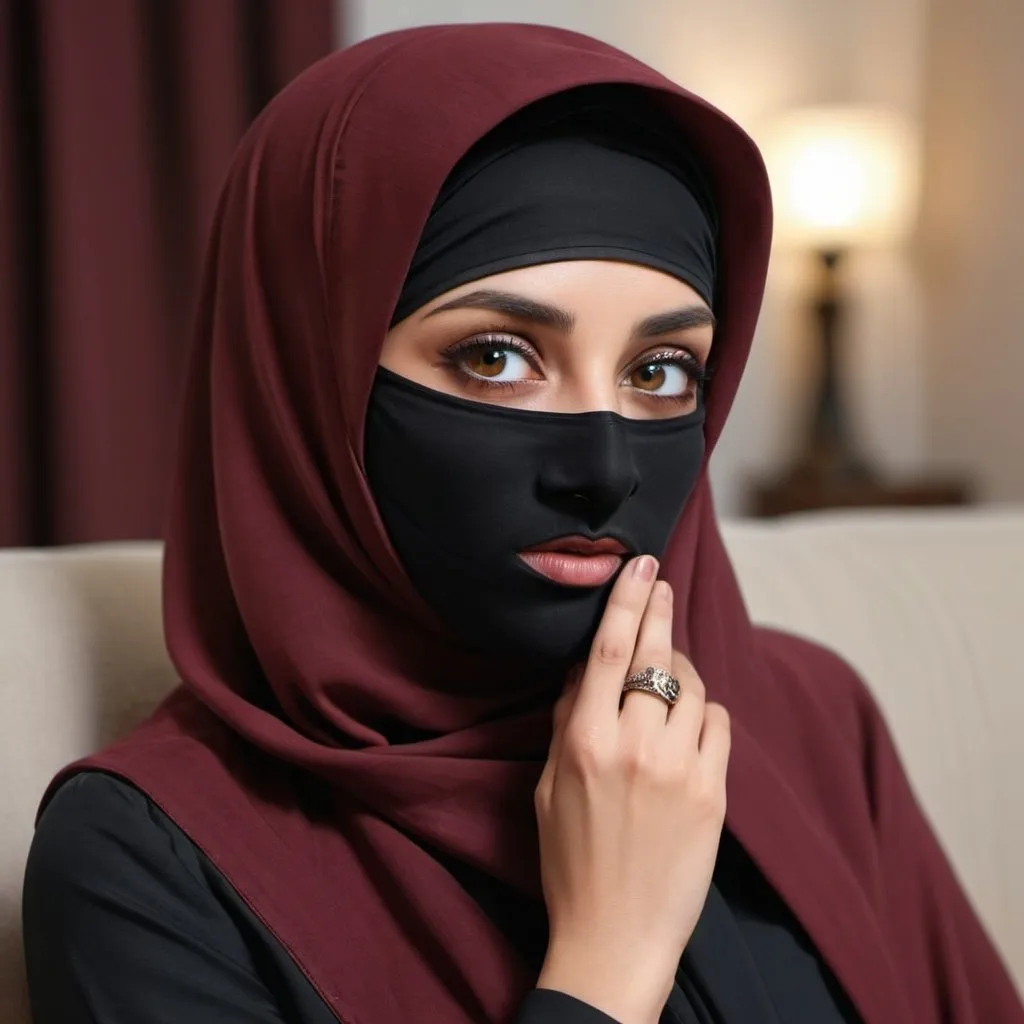 Prompt: a woman is wearing a maroon niqab, which covers her face except for her eyes. . Her attire includes a long-sleeved taupe jacket, adding a touch of modest elegance to her overall look. She has a black watch on her left wrist, hinting at a sense of time consciousness and sophistication sitting on sofa . The background is blurred,  feminine touch to her traditional attire. Her eyes are expressive, drawing attention and adding an element of mystery to the image.(photorealistic, best quality, 4k, HD, 8k, high resolution, masterpiece). Display user name bottom pictures @modesty_glow as small text.