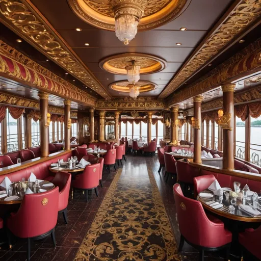 Prompt: the inside of a grandeur floating restaurant with ornate decorations and opulent imperial-style seating
