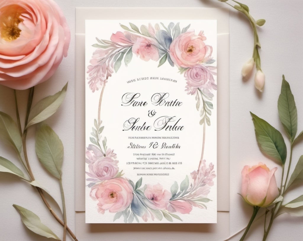 Prompt: elegant wedding invitation, watercolor painting, floral motifs, high quality, delicate, romantic, pastel colors, soft lighting, detailed calligraphy, vintage style