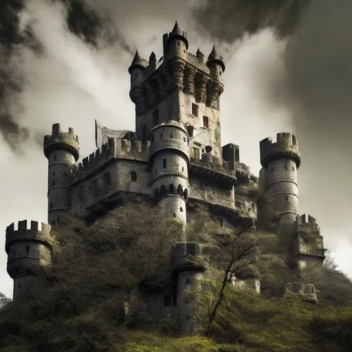 Prompt: Amidst the soft veil of lichen, a castle rises, a sentinel of ancient tales. A fortress, time-honored and proud, its towers echo the whispers of bygone rulers who now rest beneath the hallowed ground. Castle enduring, surpasses the confines of tombs, standing sentinel over the passages of time.