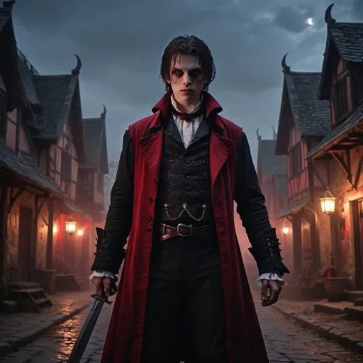 Prompt: A 1800's vampire slayer  a kid filled with raging fury, wielding weapons formed from his own blood, cinematic lighting, dramatic shadows, intense expressions, dark and gothic atmosphere, ancient European village at dusk, gothic architecture, misty and eerie surroundings, vivid red and black color tones, moonlight illuminating the night, ultra-detailed, highly realistic, 4K, high-definition, emotionally charged, action-packed scene.