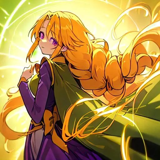 Prompt: Visualize a (((manga panel))), featuring a girl with (((purple eyes: 1.7))), long, braided golden-yellow hair that flows down her back, wearing a flowing green cape across her shoulders, with rosy cheeks and a bow