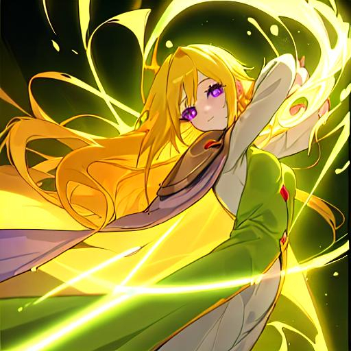 Prompt: Visualize a (((manga panel))), featuring a girl with (((purple eyes))), long,  golden-yellow hair that flows down her back, wearing a flowing green cape across on her shoulders, with rosy cheeks. 
