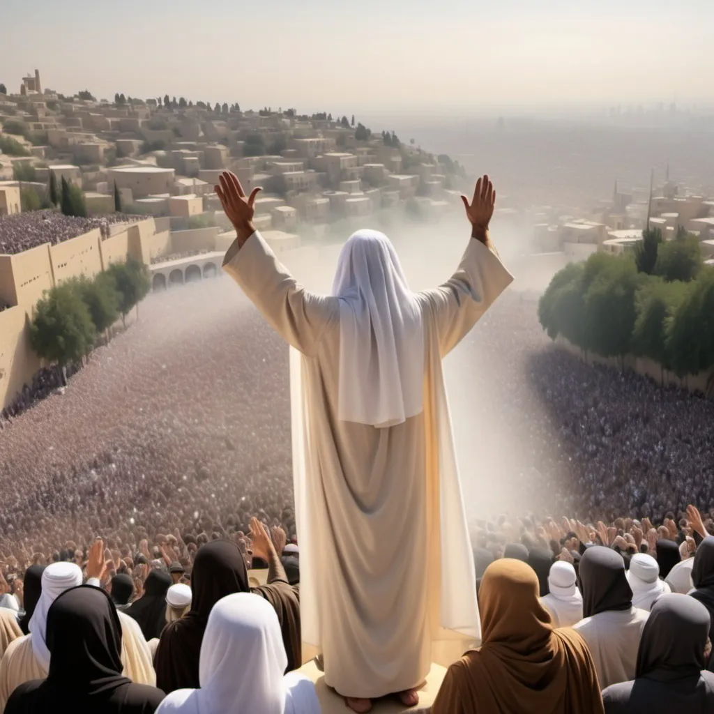 Prompt: The image of Jesus Christ with the Imam of the Time, their faces not clearly visible and full of light with a veil.
Both of them together waving to the huge crowd of people on the top of the hill