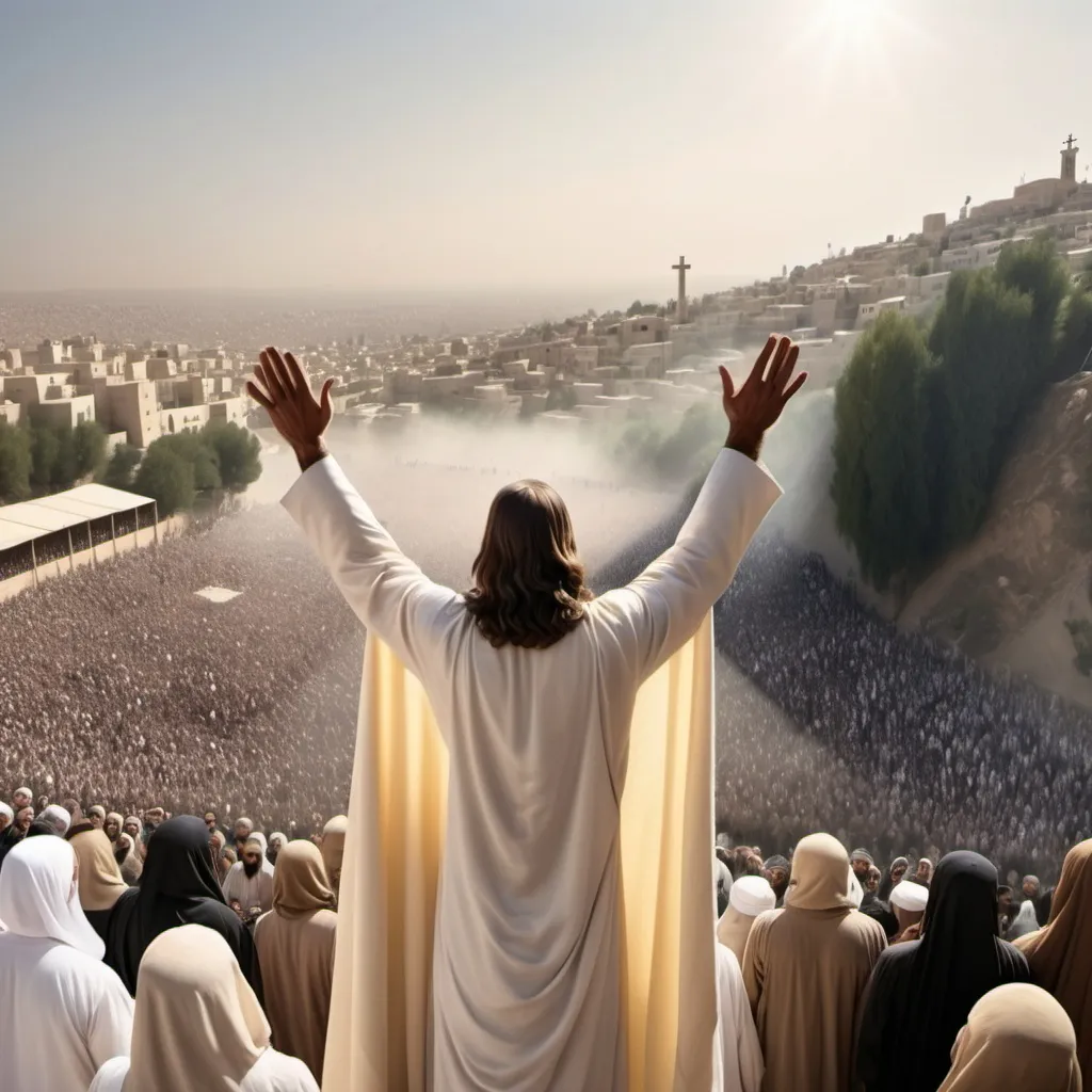 Prompt: The image of Jesus Christ with the Imam of the Time, their faces not clearly visible and full of light with a veil.
Both of them together waving to the huge crowd of people on the top of the hill