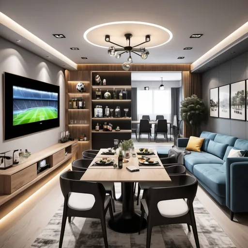 Prompt: Design the decoration of an apartment, with a 4-seat dining room, a 6-seat living room and a study with an LED television, space to put soccer jerseys, beers and collectible glasses.

