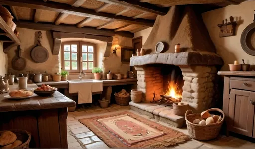 Prompt: inside of a thatched roof old french cottage, single open fire place at the back,kitchen at the side, cosy chair at the back, rug on the floor, in the mediam of cartoon disney style


