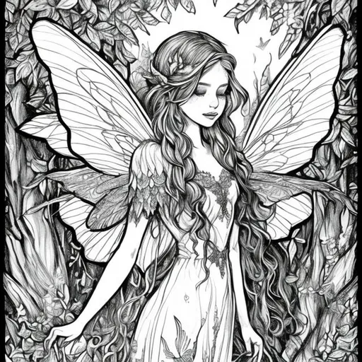Prompt: Beautiful fairy in forest coloring page, detailed wings, enchanted forest setting, high quality, intricate line art, fantasy, magical, natural lighting, lush greenery, vibrant colors, whimsical, fantasy art, detailed hair, professional, atmospheric lighting